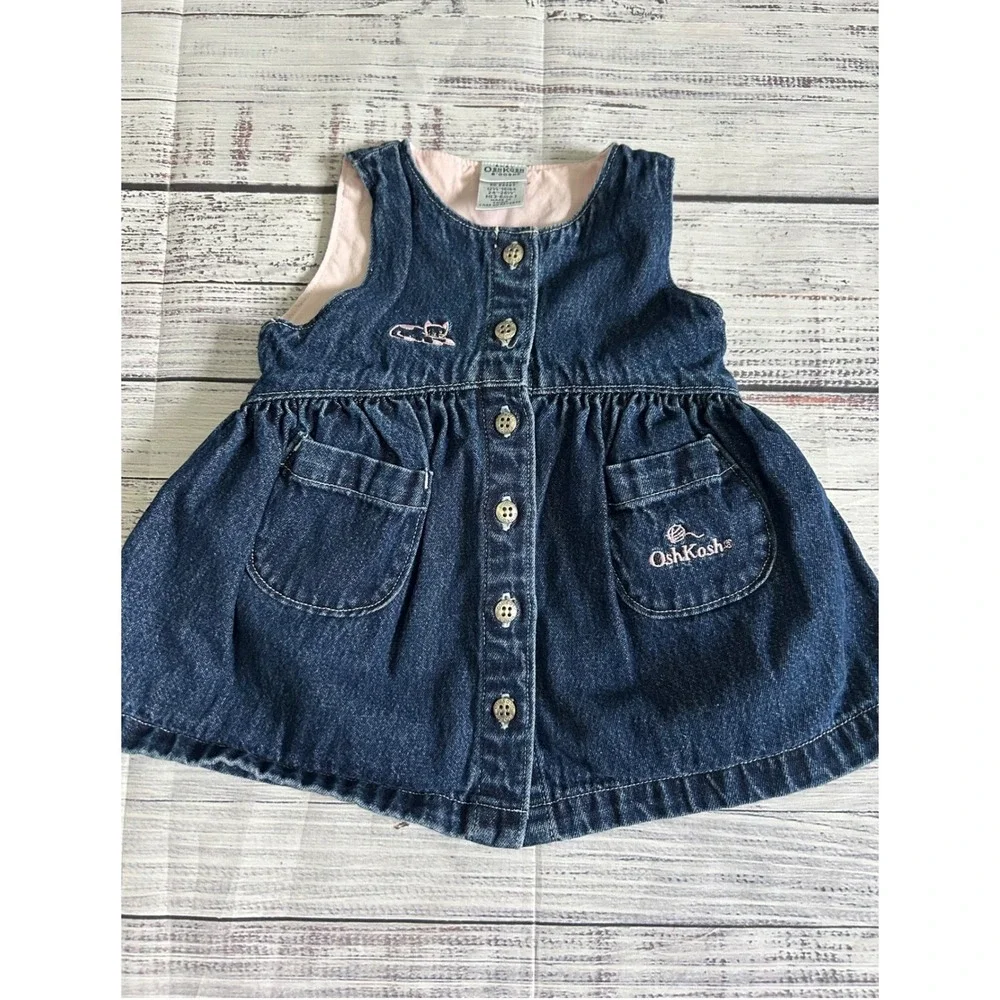 Baby OshKosh Denim‎ Dress Kitty Embroidered Pockets 3-6 Months